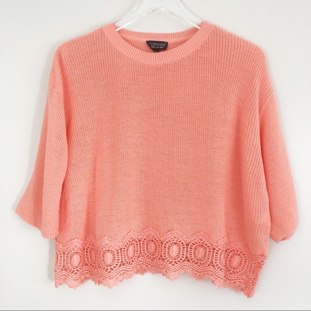 Topshop | Coral Crewneck Lace Crop Sweater